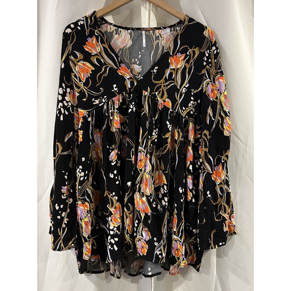 Free People Bella Floral Print Onyx V Neck Flowy Bell Sleeve Oversized Tunic M
